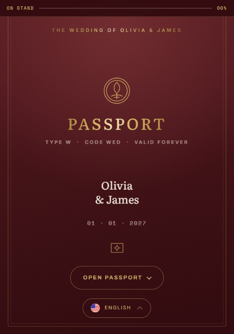 Passport wedding website with a travel-inspired invitation design